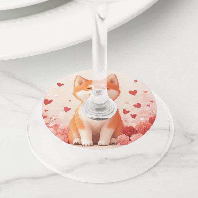 Akita with Roses - Valentine's Day  Wine Glass Tag (Close Up)