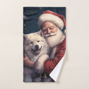 Akita with Santa Claus Festive Christmas Bath Towel Set