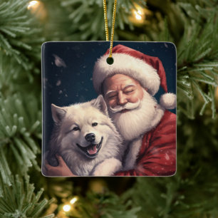 Akita with Santa Claus Festive Christmas  Ceramic Ornament