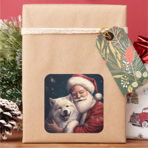 Akita with Santa Claus Festive Christmas Square Sticker