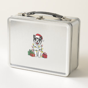 Akita Xmas Lighting Santa Hat Akita Dog Christmas Metal Lunch Box