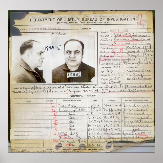 AL CAPONE CRIMINAL HISTORY 1932 POSTER (Front)