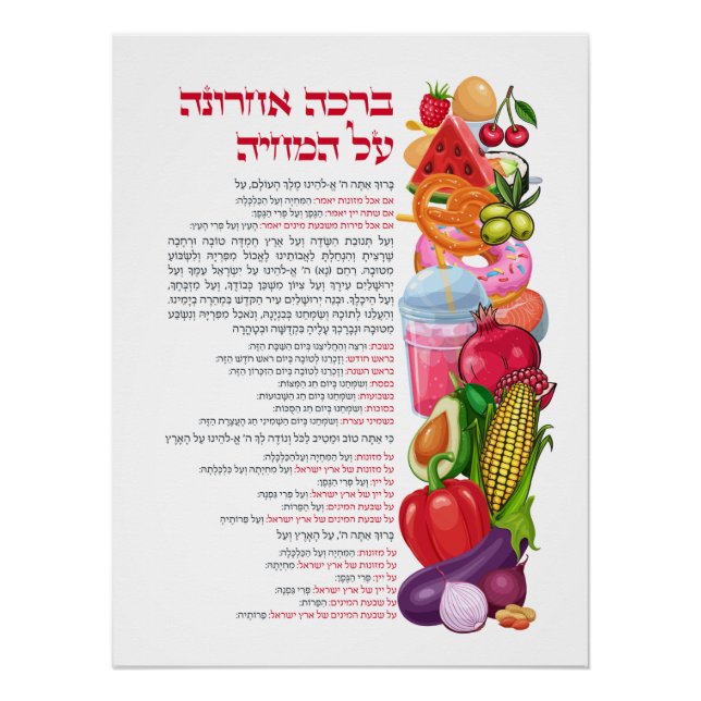 Al haMichya Hebrew Blessing After Food Colourful Poster (Front)