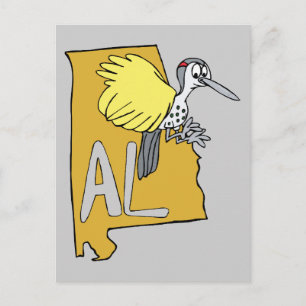 Alabama AL Map & Yellowhammer Woodpecker Cartoon Postcard