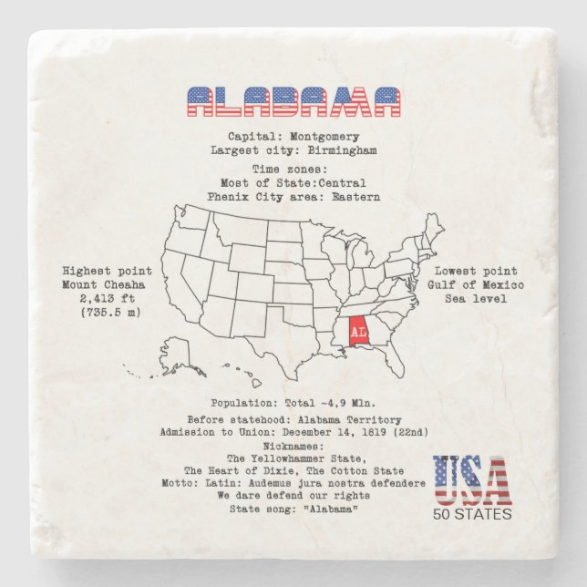 Alabama American state on a map and useful info Stone Coaster (Front)