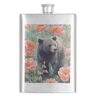 Alabama Black Bear Cub Surrounded by Camellia Hip Flask