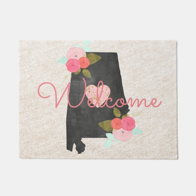 Alabama Monogram State Watercolor Floral & Heart Doormat (Front)