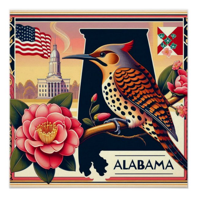 Alabama Northern Flicker Bird & Camellia Flower Poster (Front)