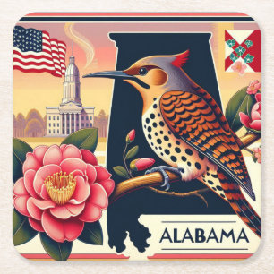 Alabama Northern Flicker Bird & Camellia Flower Square Paper Coaster