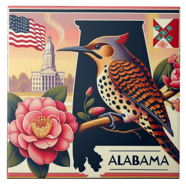Alabama Northern Flicker Bird & Camellia Flower Tile (Front)