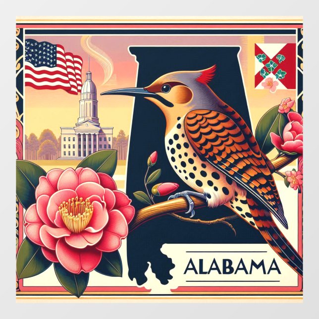 Alabama Northern Flicker Bird & Camellia Flower Window Cling (Sheet)