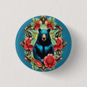 Alabama State Black Bear Surrounded by Camellia 3 Cm Round Badge