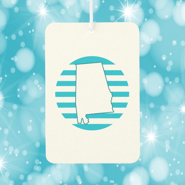 Alabama State Outline Blue Retro Circle Car Air Freshener (An air freshener with an outline of the US state of Alabama and a blue retro circle.)