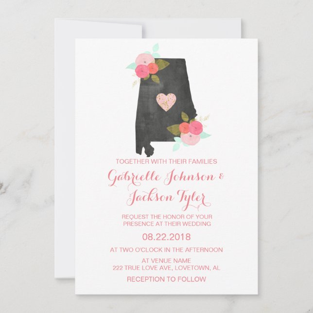 Alabama State Watercolor Floral Wedding Invitation (Front)