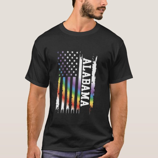 Alabama United States Distressed Rainbow w US Flag T-Shirt (Front)