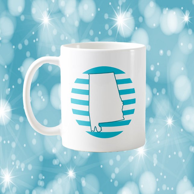 Alabama US State Outline Retro Circle Blue Coffee Mug (A mug with the outline of the US State of Alabama in front of a blue circle.)
