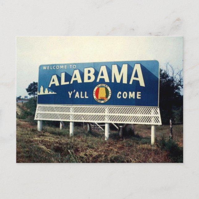 Alabama, Welcome, Y'all Come Road Sign 1960s Postcard (Front)