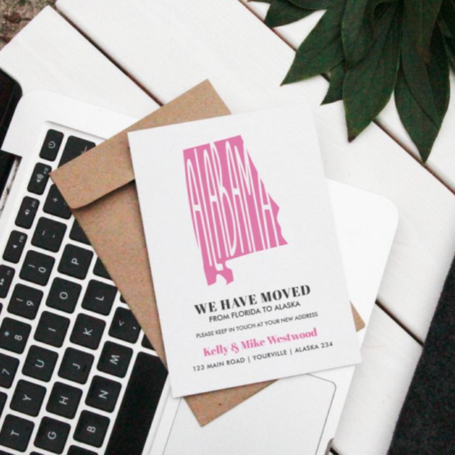 ALABAMA We've moved New address New Home   Postcard (pink alabama state silhouette to announce your moving to friends and keep their records updated)