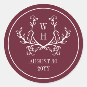Alabaster & Burgundy Greenery Monogram Wedding Classic Round Sticker