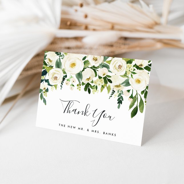 Alabaster Floral | Green & White Watercolor Thank You Card (Creator Uploaded)