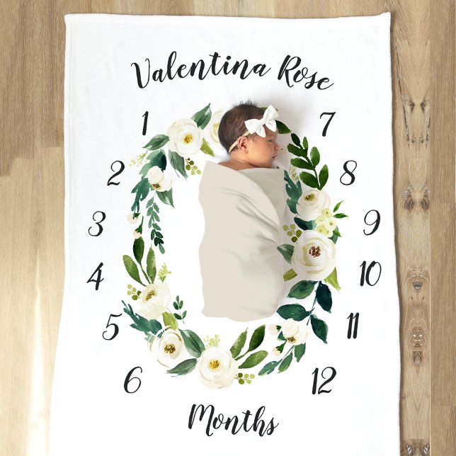Alabaster Floral Monthly Baby Milestone Fleece Blanket (Creator Uploaded)