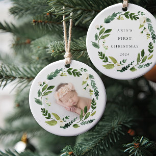 Alabaster Wreath Baby Photo Christmas Ceramic Tree Decoration