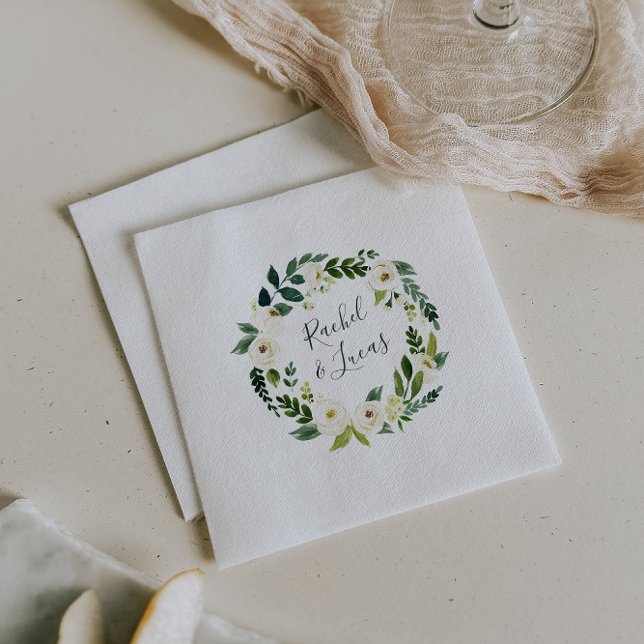 Alabaster Wreath | Botanical Personalised Wedding Napkin (Creator Uploaded)
