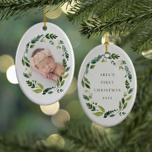 Alabaster Wreath First Christmas Photo Ceramic Tree Decoration