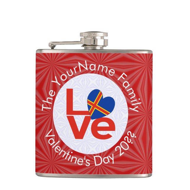 Åland Islands Red Letter LOVE Flag Personalised  Hip Flask (Front)