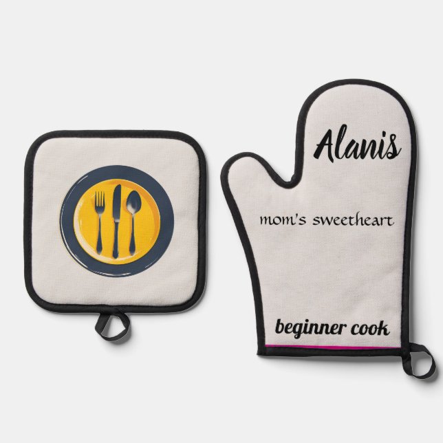 Alanis mum's sweetheart beginner cook oven mitt & pot holder set (Front)