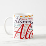 Alanna Coffee Mug<br><div class="desc">Alanna. Show and wear this popular beautiful female first name designed as colourful wordcloud made of horizontal and vertical cursive hand lettering typography in different sizes and adorable fresh colours. Wear your positive american name or show the world whom you love or adore. Merch with this soft text artwork is...</div>
