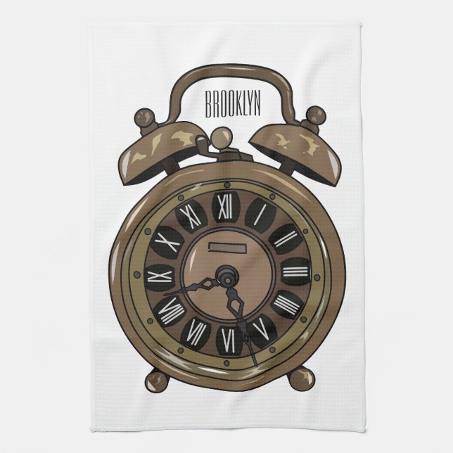 Alarm clock cartoon illustration tea towel (Vertical)