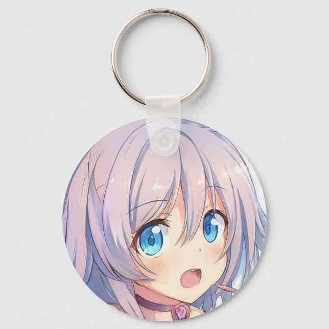 Alarmed anime girl grey hair blue eyes manga key ring (Front)