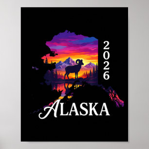 Alaska 2026 retro sunset ram mountain vacation poster