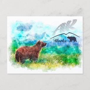 Alaska (AK) Kodiak brown bear. Watercolor painting Postcard