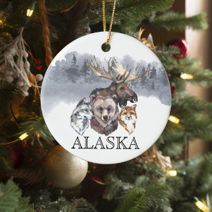 Alaska Animals Bear Wolf Moose  Ceramic Tree Decoration