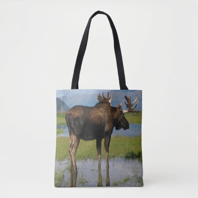 Alaska Bull Moose Antlers Scenic Photo Design Tote Bag (Front)