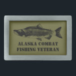 Alaska Combat Fishing Veteran Rectangular Belt Buckle<br><div class="desc">A black line drawing of a Sockeye Salmon (Oncorhynchus nerka) with customisable text reading "Alaska Combat Fishing Veteran." Fishing for salmon in Alaska is very popular, too popular in. Imagine thousands of anglers, just about shoulder to shoulder, lining both banks of a stream trying to avoiding crossing lines with everyone...</div>