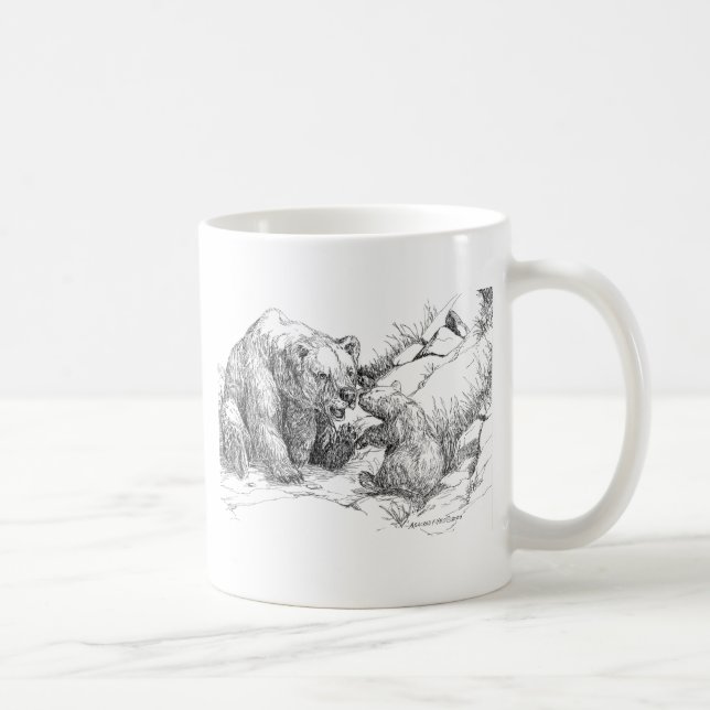 Alaska Grizzly & Sow Cub Playing B&W Coffee Mug (Right)
