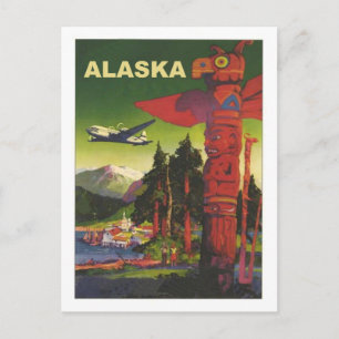 Alaska, Indian totem, aeroplane, vintage airline Postcard