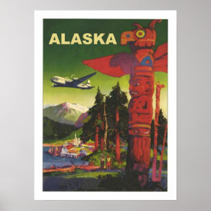 Alaska, Indian totem, aeroplane, vintage airline Poster