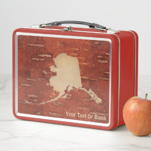 Alaska Map On Inner Birch Bark Metal Lunch Box
