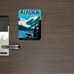 Alaska Moose Cruise Door Decor Magnet<br><div class="desc">Wonderful poster style artwork features mountains with glaciers,  water,  trees and a moose. The perfect cabin stateroom door finder or decor for your next vacation cruise trip to Alaska. Add name of ship and date of trip. Create a keepsake memory, </div>