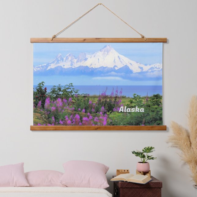 Alaska, Mount Iliamna Glacier and Fireweed Flowers Hanging Tapestry (Bedroom)