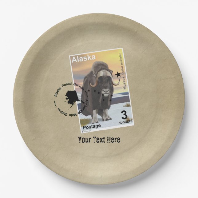 Alaska Muskox Postage Stamp Souvenir Paper Plate (Front)