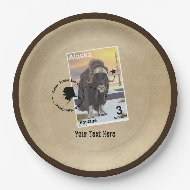 Alaska Muskox Postage Stamp Souvenir Paper Plate (Front)