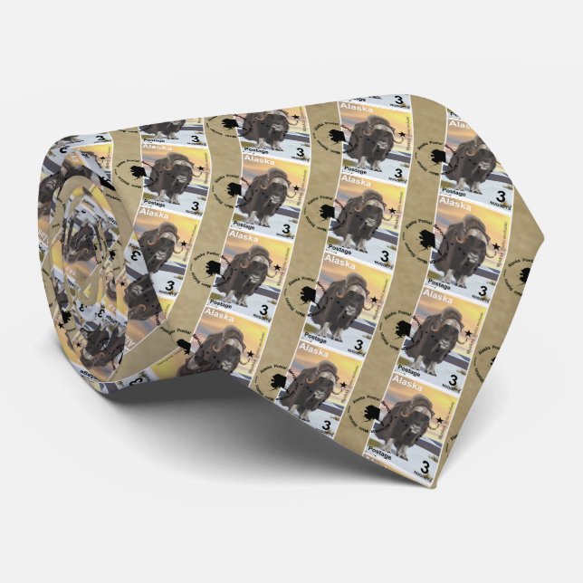 Alaska Muskox Postage Stamp Souvenir Tie (Rolled)