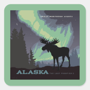 Alaska   Northern Lights Moose Square Sticker