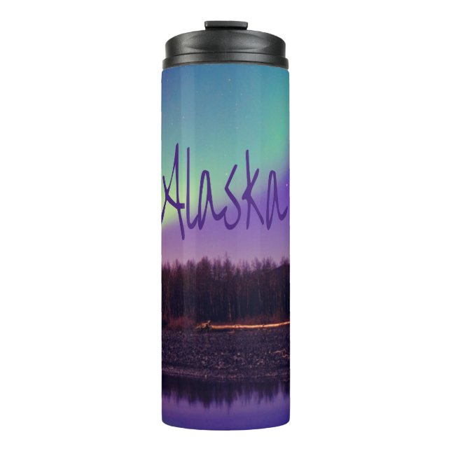 Alaska Northern Lights Mountains Lake Thermal Tumbler (Front)