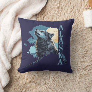 Alaska Outline Wolf and Moon Cushion